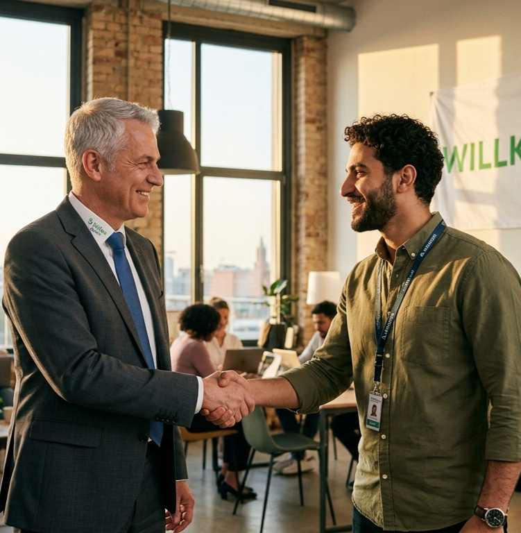 Karriere Brücke — Vertragsunterzeichnung zwischen Arbeitgeber und internationaler Fachkraft in Berlin.